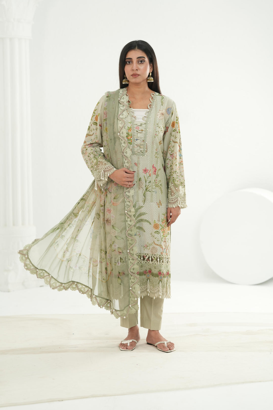 Embroidered Lawn Green Stitched Suit - Maria B M Print '26