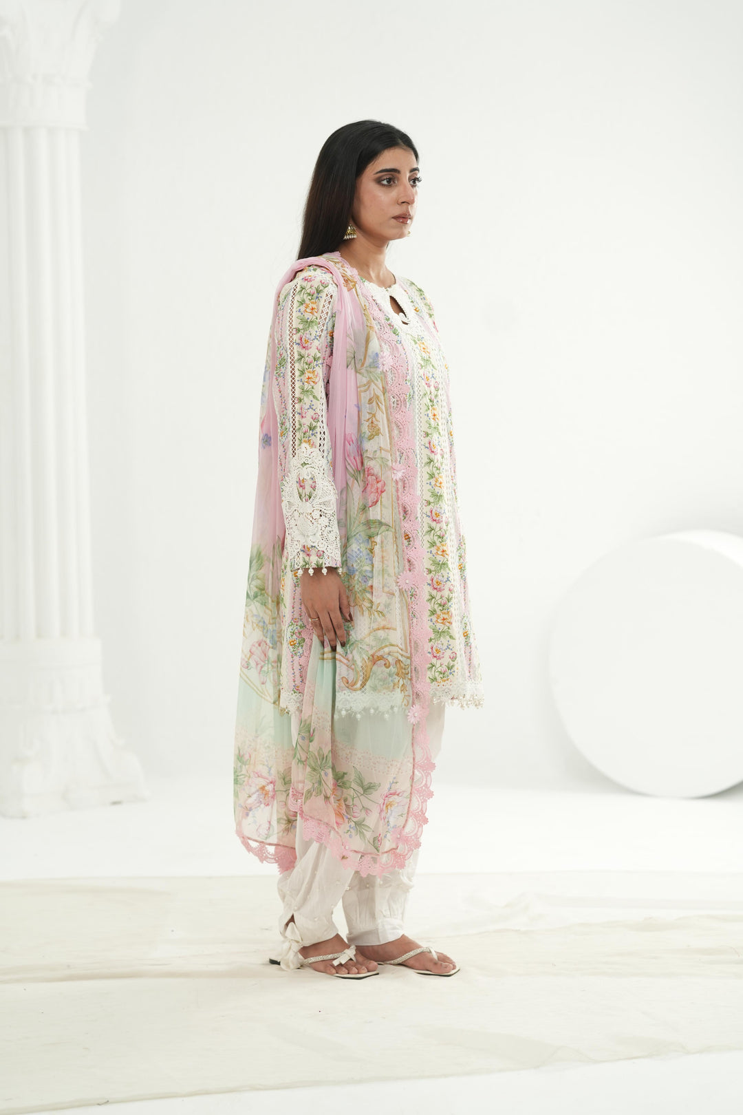 Embroidered Lawn Pink & Off White Stitched Suit - Maria B M Print '26