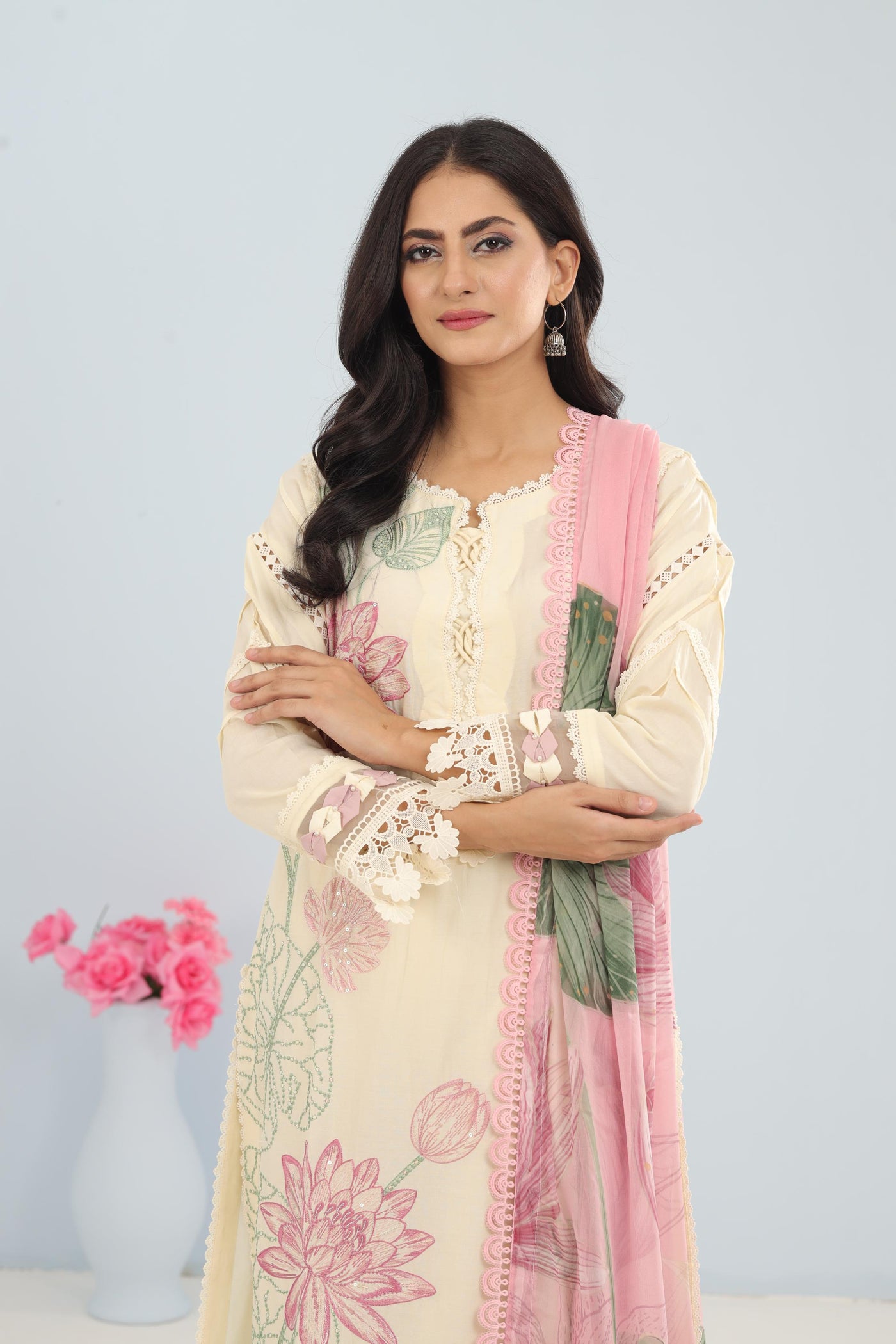 Dobby Lawn Cream Stitched Suit - Maria B