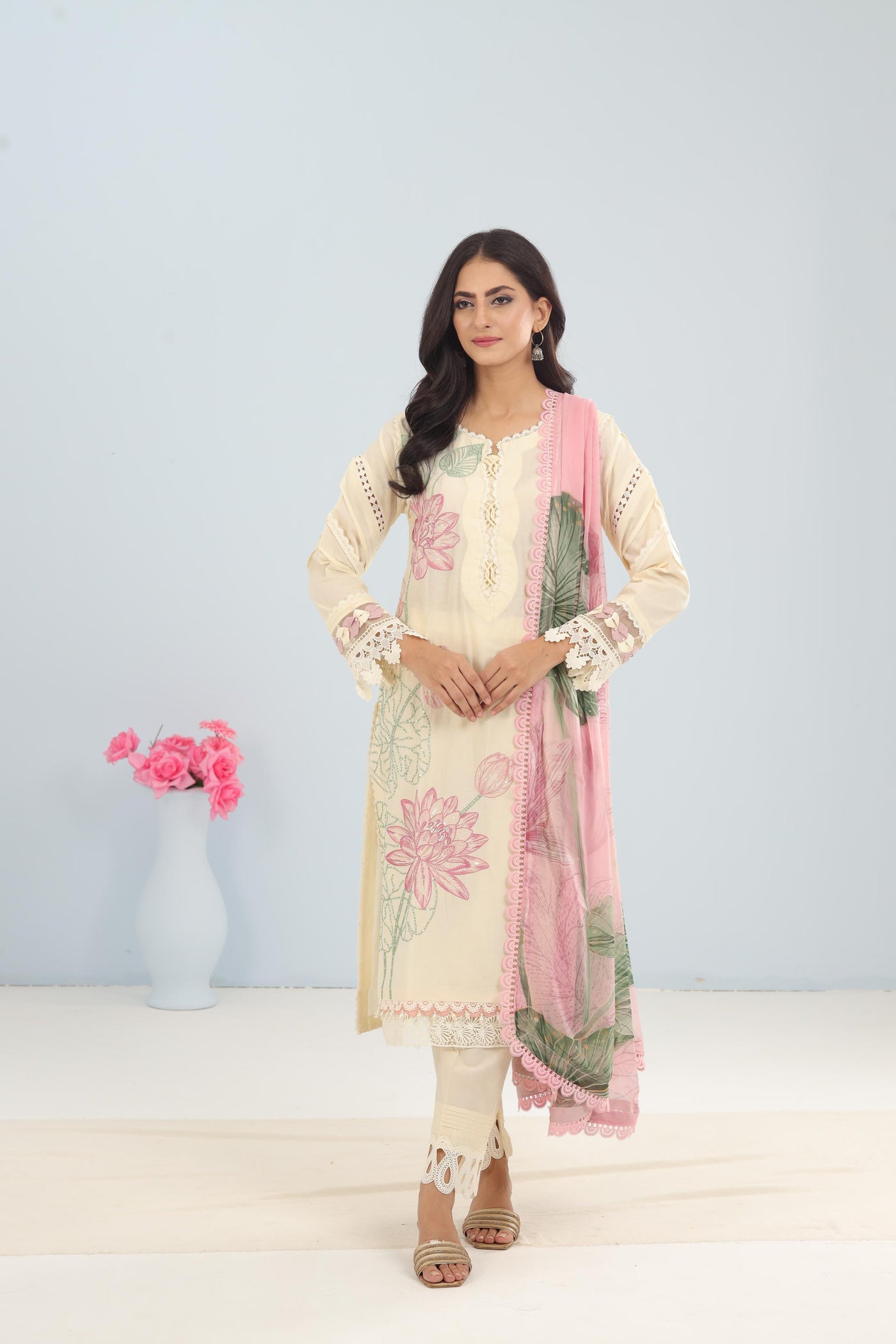 Dobby Lawn Cream Stitched Suit - Maria B