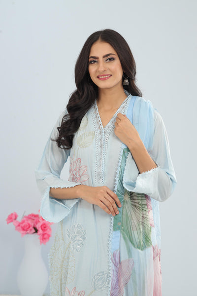 Dobby Lawn Sky Blue Stitched Suit - Maria B