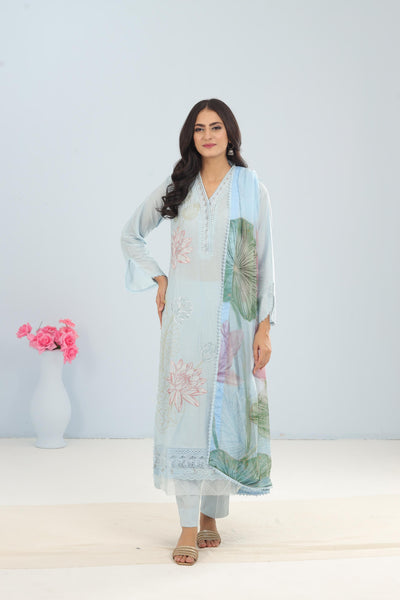 Dobby Lawn Sky Blue Stitched Suit - Maria B