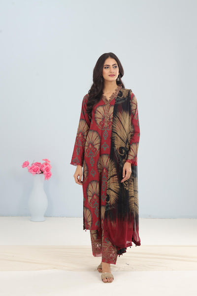 Lawn Maroon Stitched Suit - Maria B