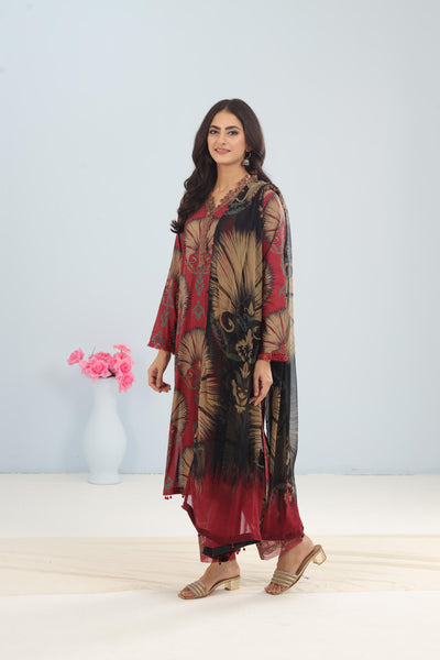 Lawn Maroon Stitched Suit - Maria B