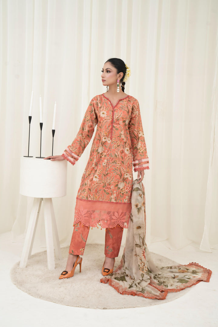 Printed Lawn Dark Peach Stitched Suit - Maria B M Prints