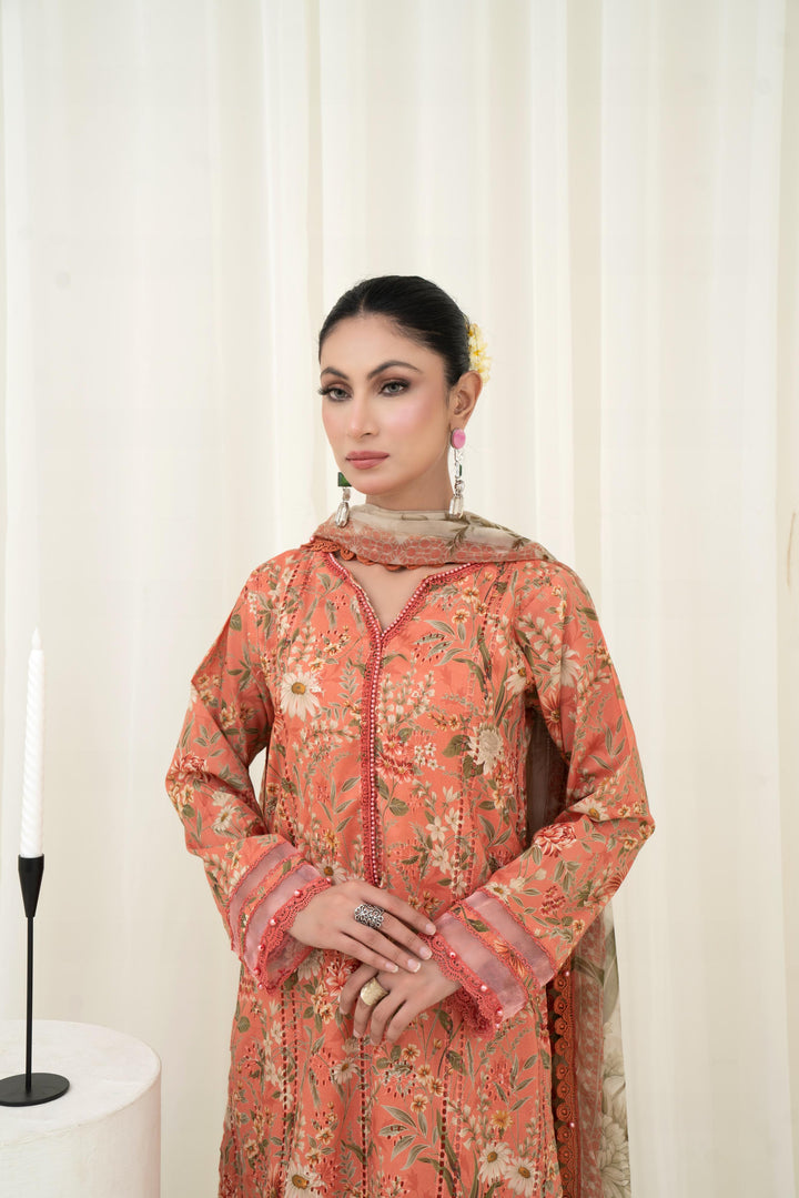 Printed Lawn Dark Peach Stitched Suit - Maria B M Prints