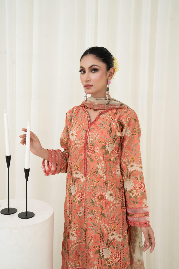 Printed Lawn Dark Peach Stitched Suit - Maria B M Prints
