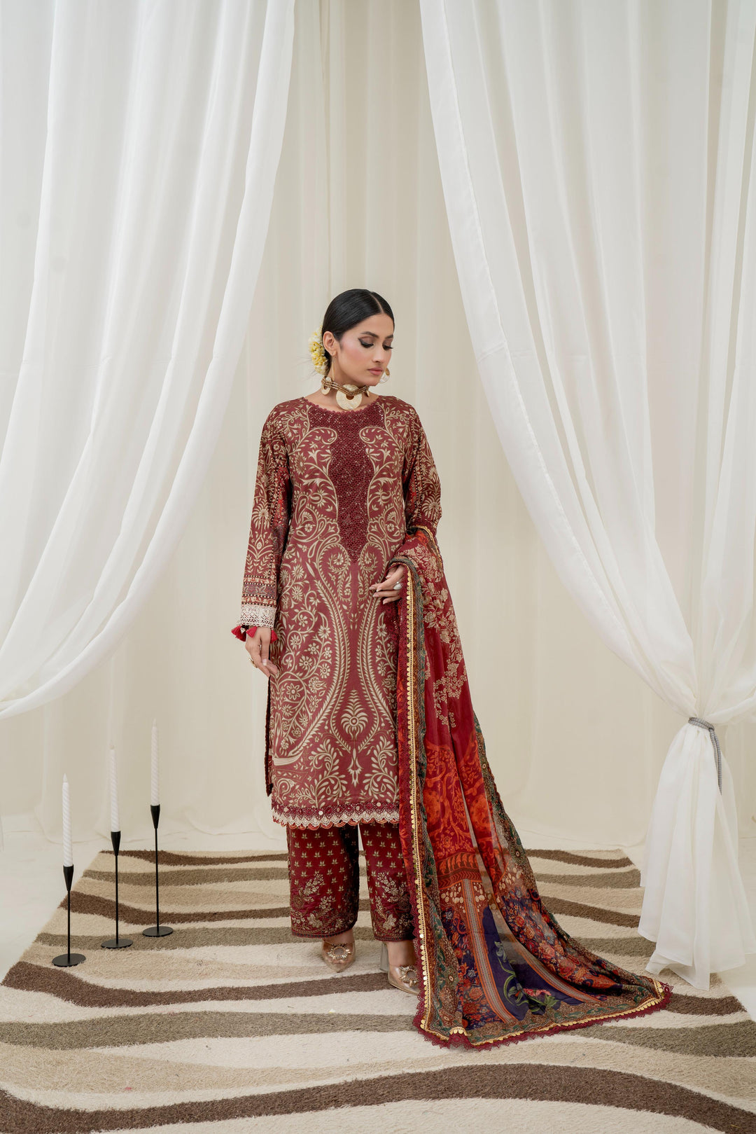 Printed Lawn Maroon Stitched Suit - Maria B M Prints