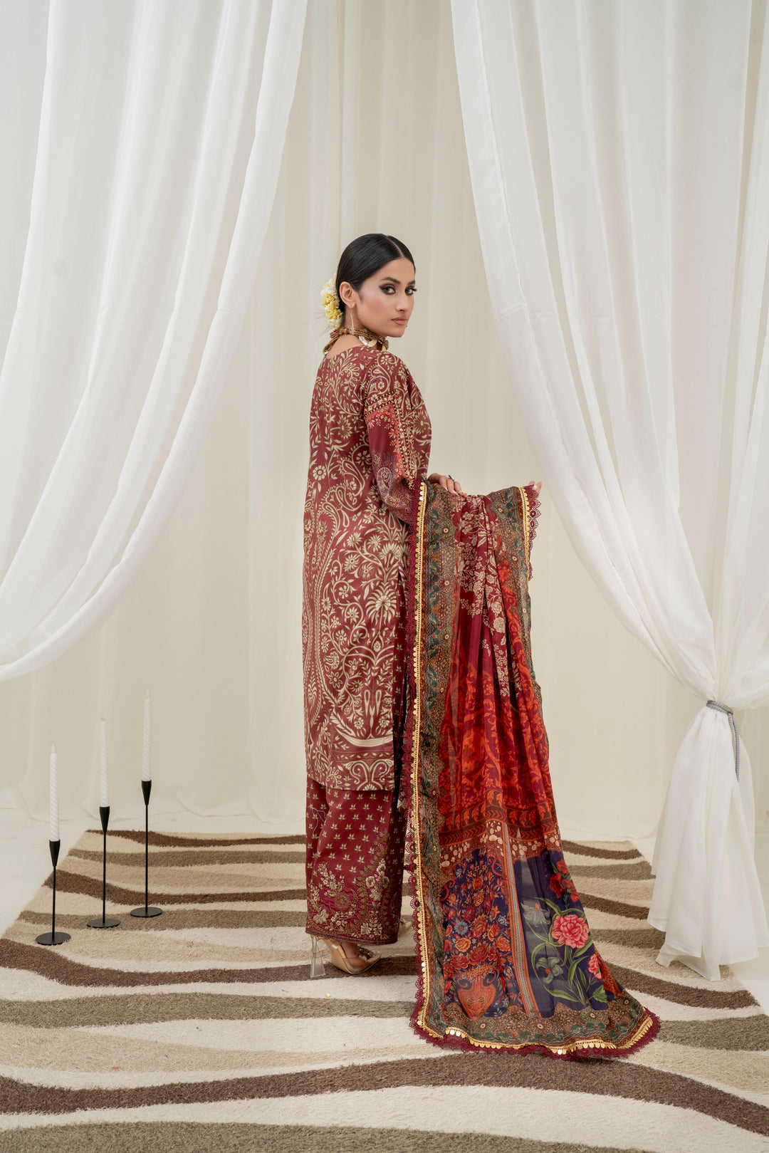 Printed Lawn Maroon Stitched Suit - Maria B M Prints