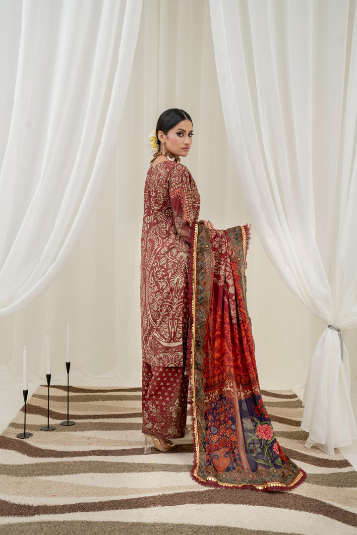Printed Lawn Maroon Stitched Suit - Maria B M Prints