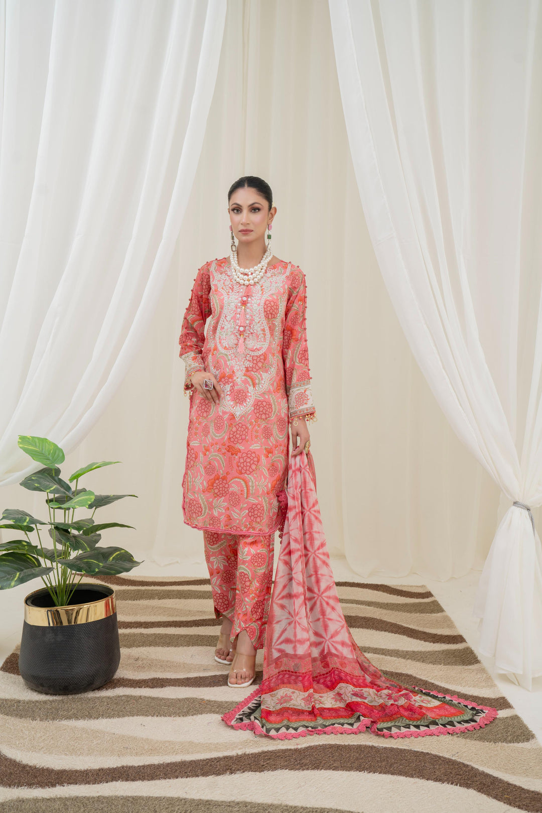Printed Lawn Red Stitched Suit - Maria B M Prints
