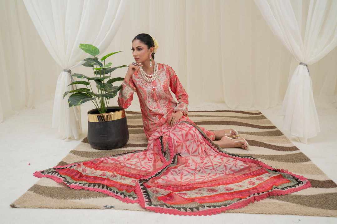 Printed Lawn Red Stitched Suit - Maria B M Prints