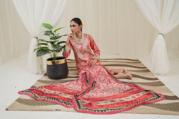 Printed Lawn Red Stitched Suit - Maria B M Prints