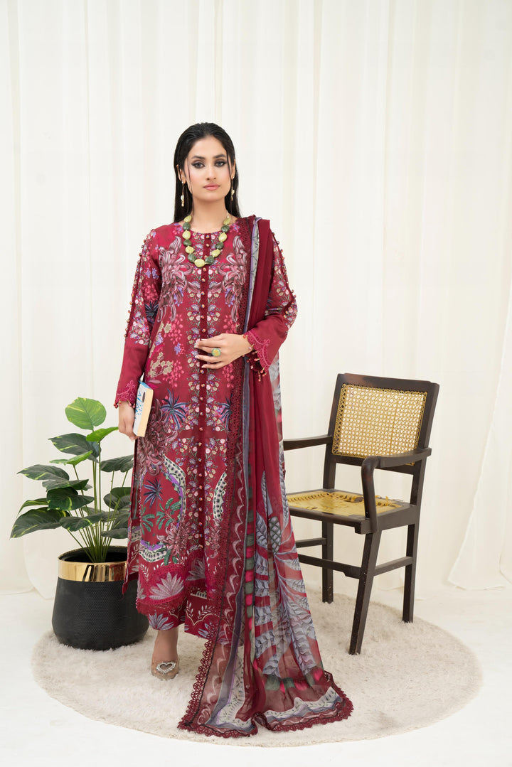 Printed Lawn Maroon Stitched Suit - Maria B M Prints