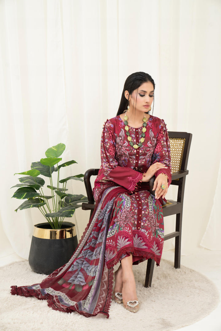Printed Lawn Maroon Stitched Suit - Maria B M Prints