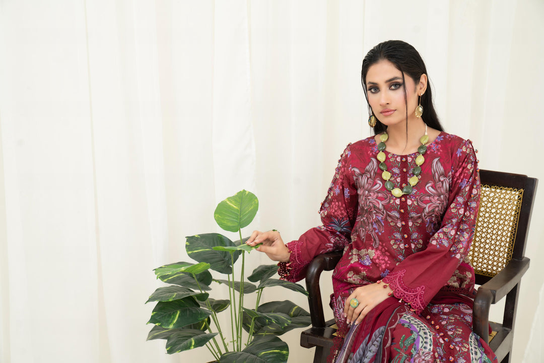 Printed Lawn Maroon Stitched Suit - Maria B M Prints