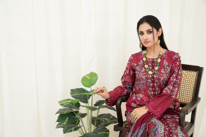 Printed Lawn Maroon Stitched Suit - Maria B M Prints