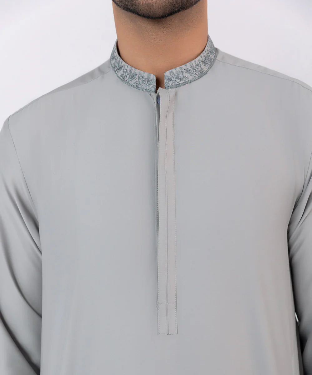 Schiffli Embroidered Cotton Grey Shalwar Kameez - Sapphire