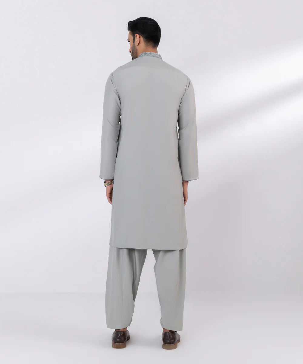 Schiffli Embroidered Cotton Grey Shalwar Kameez - Sapphire