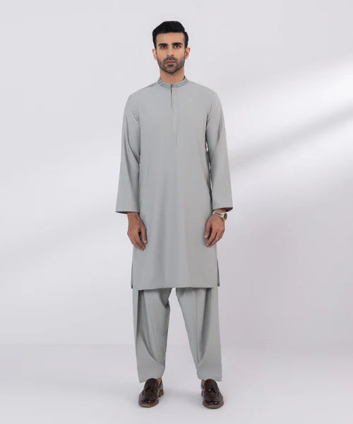 Schiffli Embroidered Cotton Grey Shalwar Kameez - Sapphire