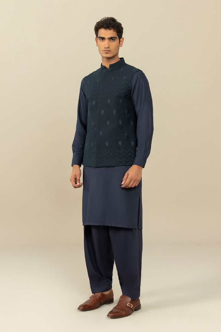 Embroidered Cotton Schiffli Dark Blue Waistcoat - Sapphire
