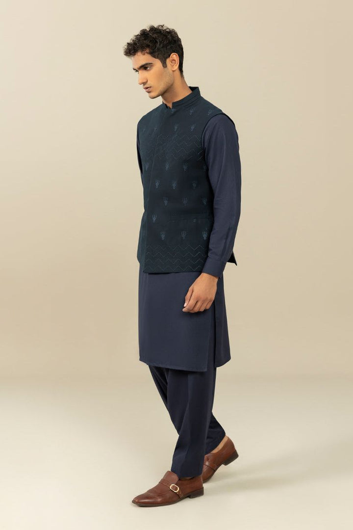 Embroidered Cotton Schiffli Dark Blue Waistcoat - Sapphire