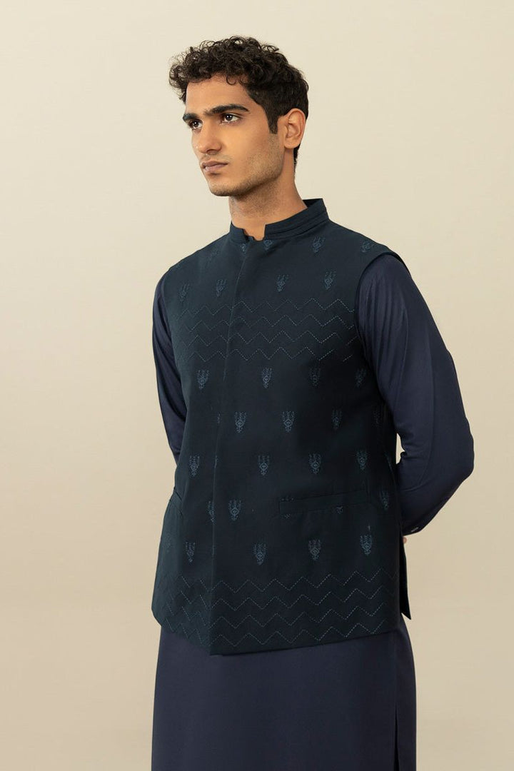 Embroidered Cotton Schiffli Dark Blue Waistcoat - Sapphire