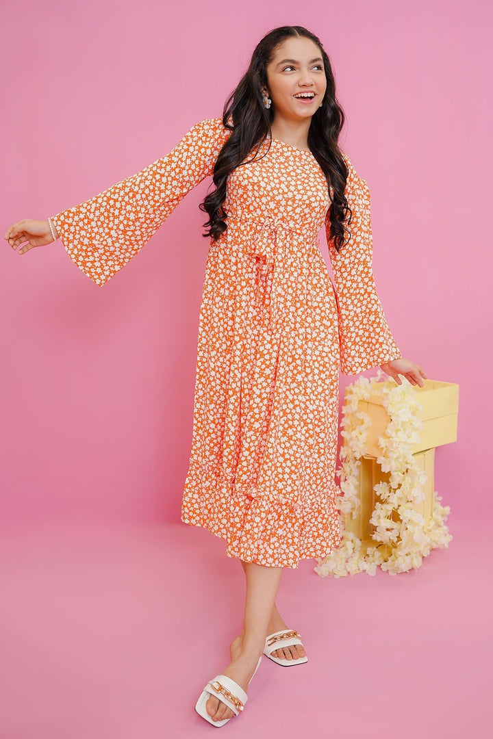 Crepe Printed Pink Stitched Dress - Ochre