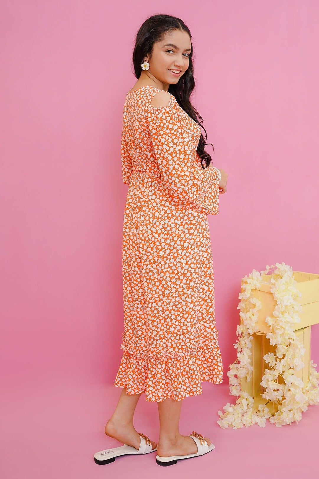 Crepe Printed Pink Stitched Dress - Ochre