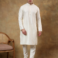 Polyester Viscose Cream Kurta Trouser - Jiah