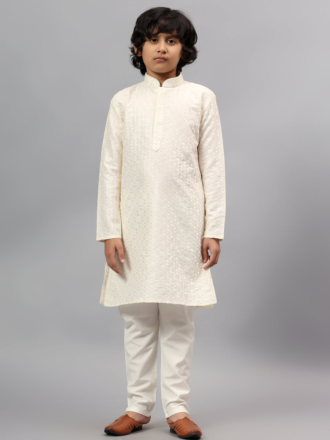 Polyester Viscose Cream Kurta Trouser - Jiah