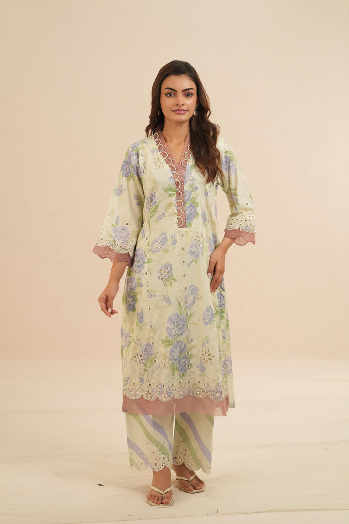 Embroidered Chikankari Lawn Sage Green Stitched Suit - Nureh