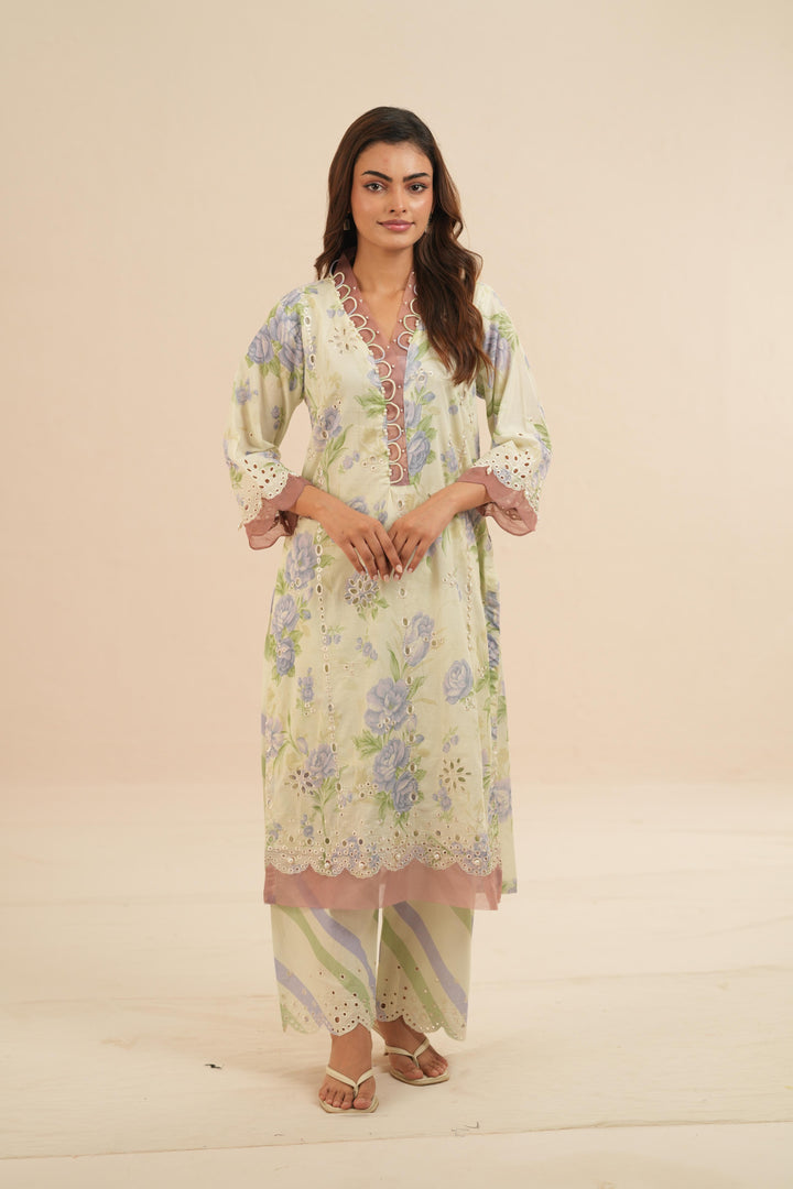 Embroidered Chikankari Lawn Sage Green Stitched Suit - Nureh