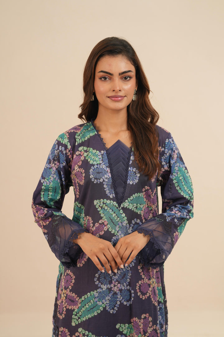 Embroidered Chikankari Lawn Navy Blue Stitched Suit - Nureh