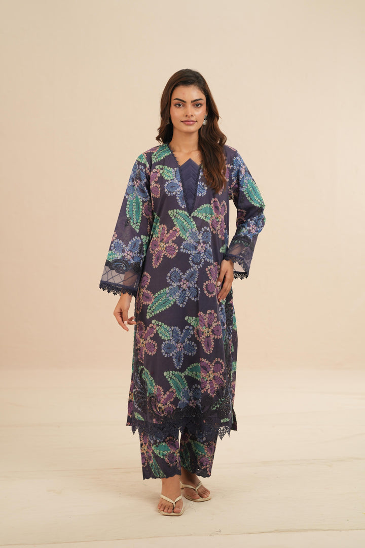 Embroidered Chikankari Lawn Navy Blue Stitched Suit - Nureh