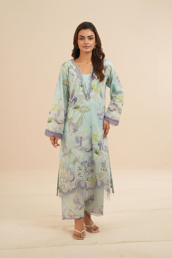 Embroidered Chikankari Lawn Ice Blue Stitched Suit - Nureh