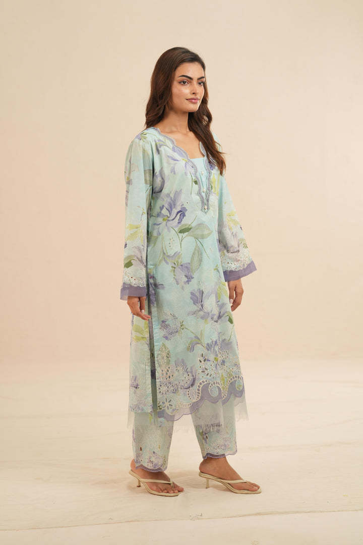 Embroidered Chikankari Lawn Ice Blue Stitched Suit - Nureh