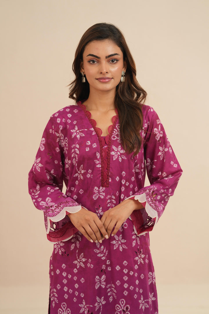 Embroidered Chikankari Lawn Fuchsia Pink Stitched Suit - Nureh
