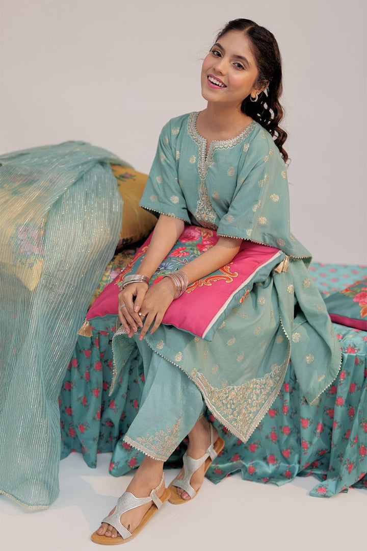 Polyester Chiffon Sea Green 3 Piece Stitched Suit - Senorita