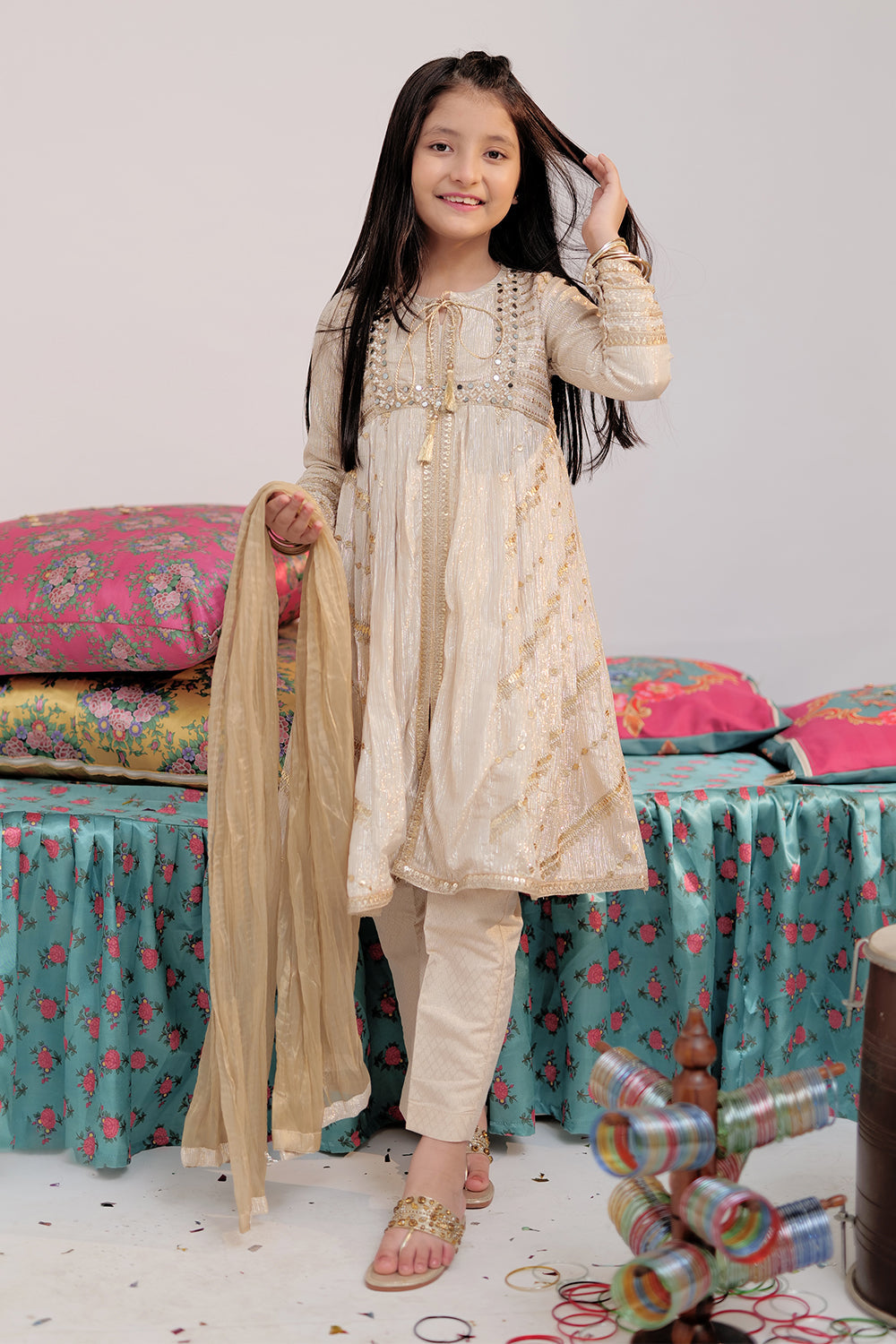 Banarsi Shimmer & Organza Tissue Fawn & Gold Stitched Suit - Senorita