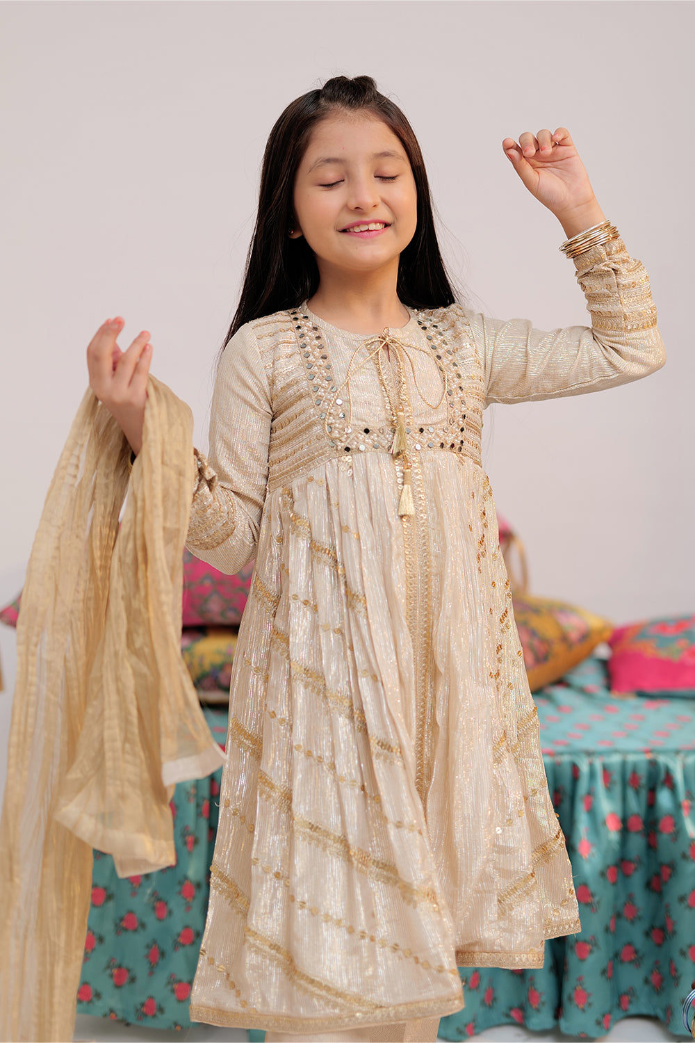 Banarsi Shimmer & Organza Tissue Fawn & Gold Stitched Suit - Senorita