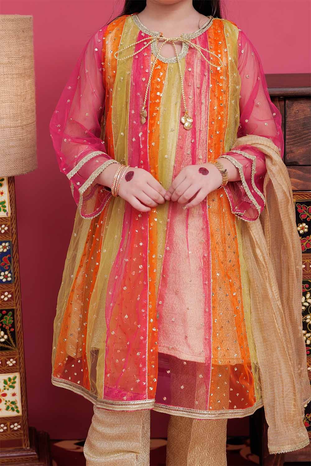 Banarsi Net Multi Stitched Suit - Ochre