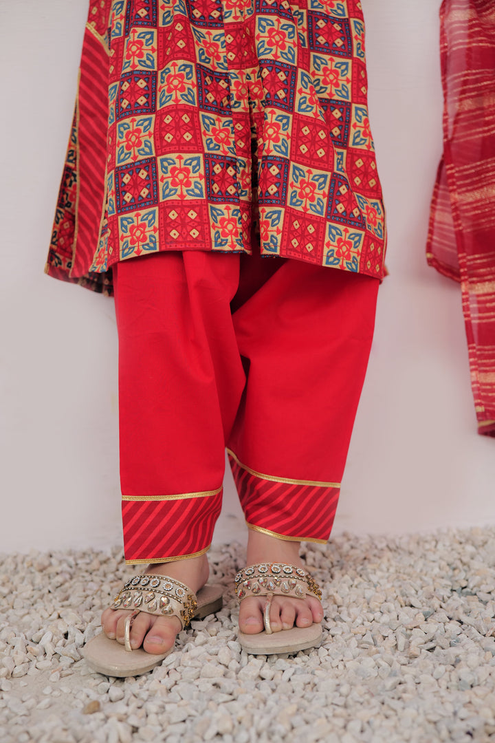 Cotton Gold Lawn Printed Red Stitched Suit - Senorita