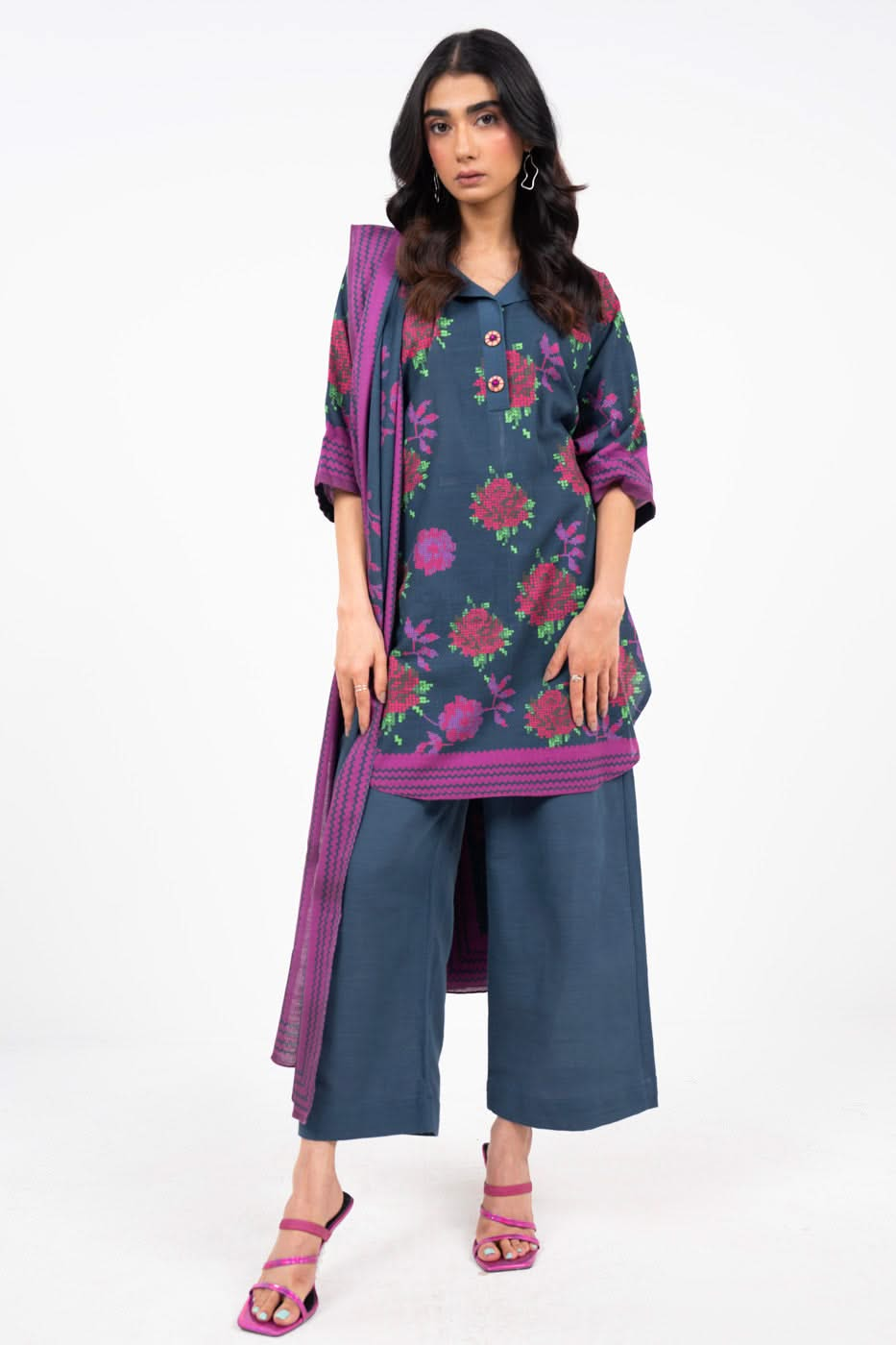 Printed Viscose Navy Blue Unstitched Suit - Alkaram