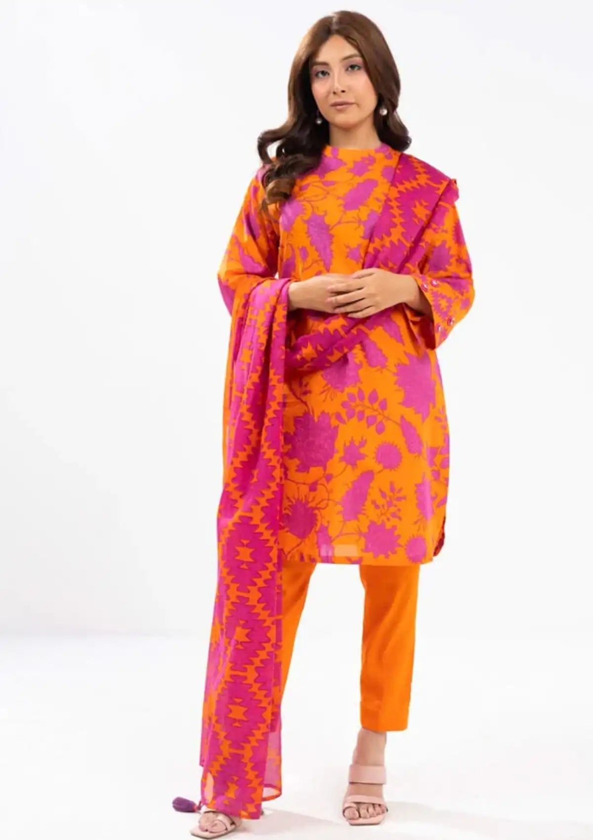 Printed Viscose Slub Orange Unstitched Suit - Alkaram