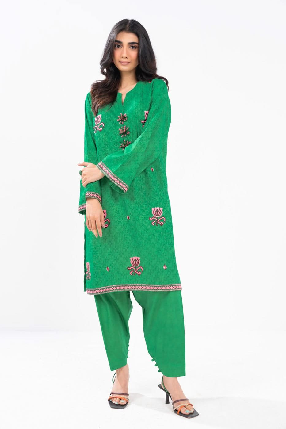 Embroidered Self Jacquard Green Unstitched Suit - Alkaram