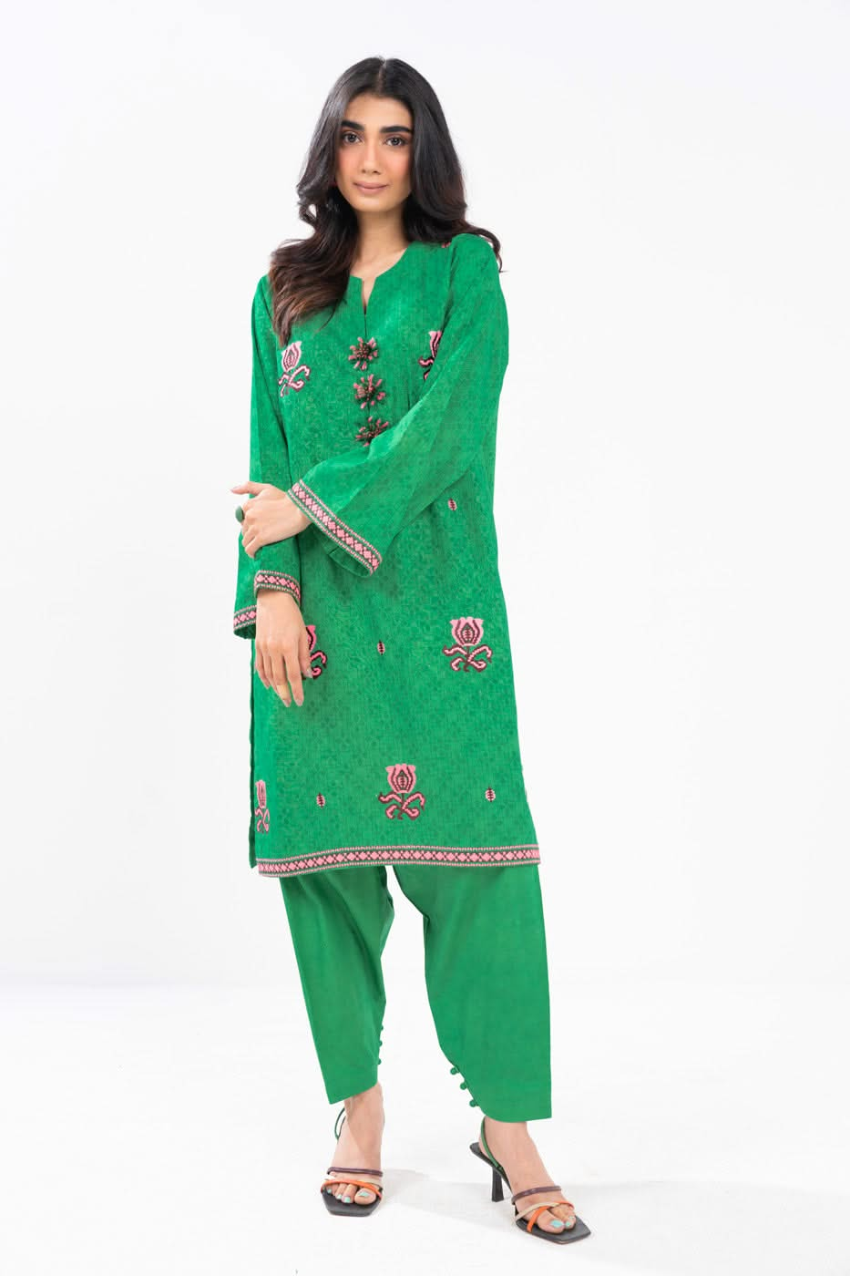 Embroidered Self Jacquard Green Unstitched Suit - Alkaram