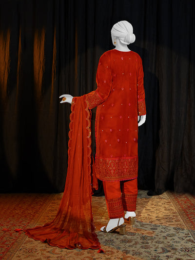 Velvet Rust Stitched Suit - J. Junaid Jamshed