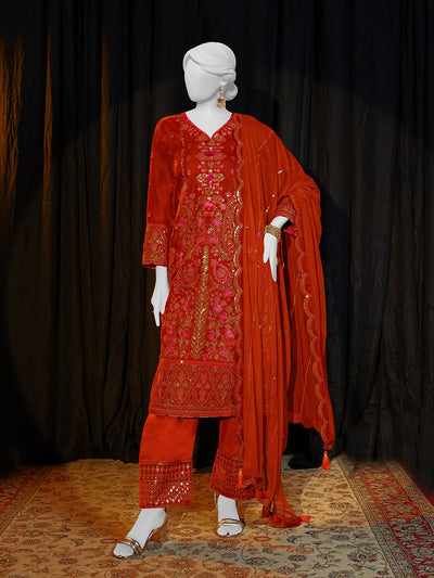 Velvet Rust Stitched Suit - J. Junaid Jamshed