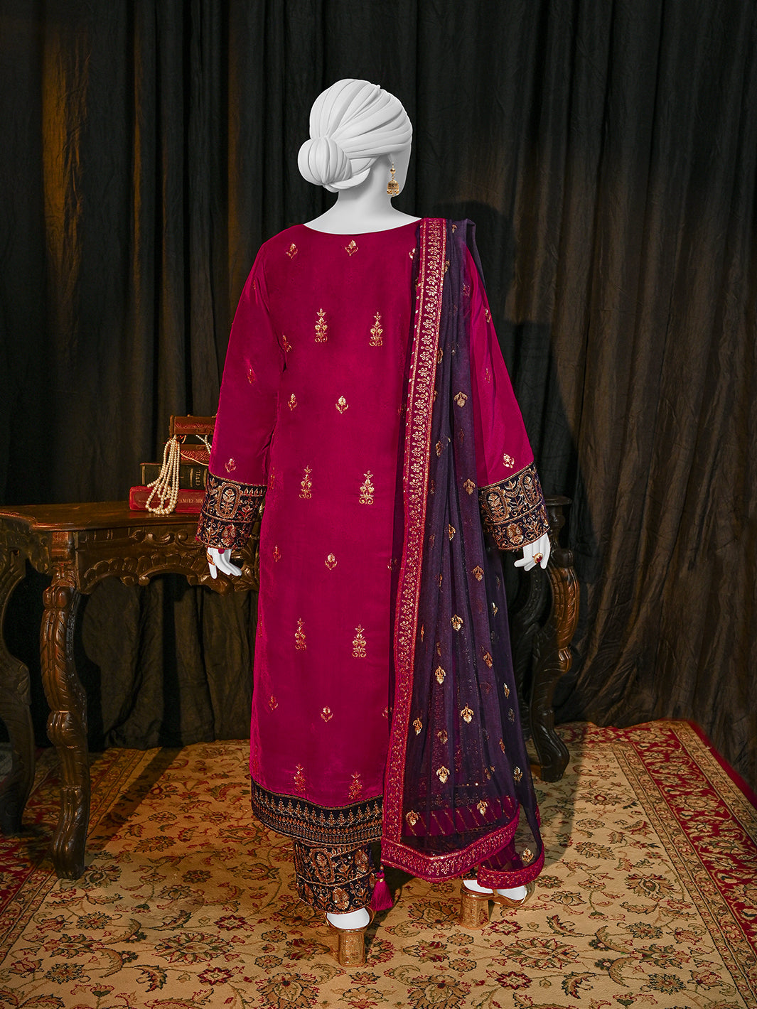 Velvet Dark Fuchsia Stitched Suit - J. Junaid Jamshed